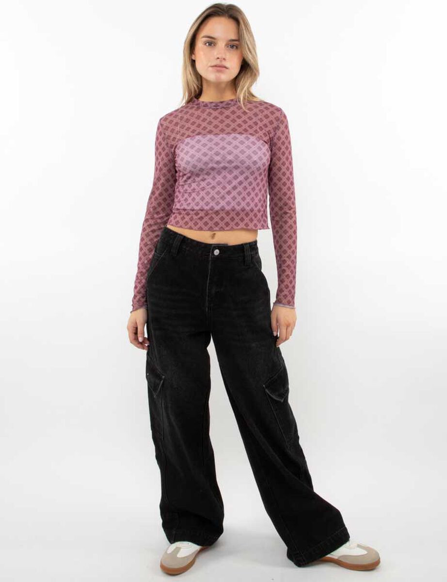 Polera Crop Transparente Estampada Manga Larga Mujer Icono