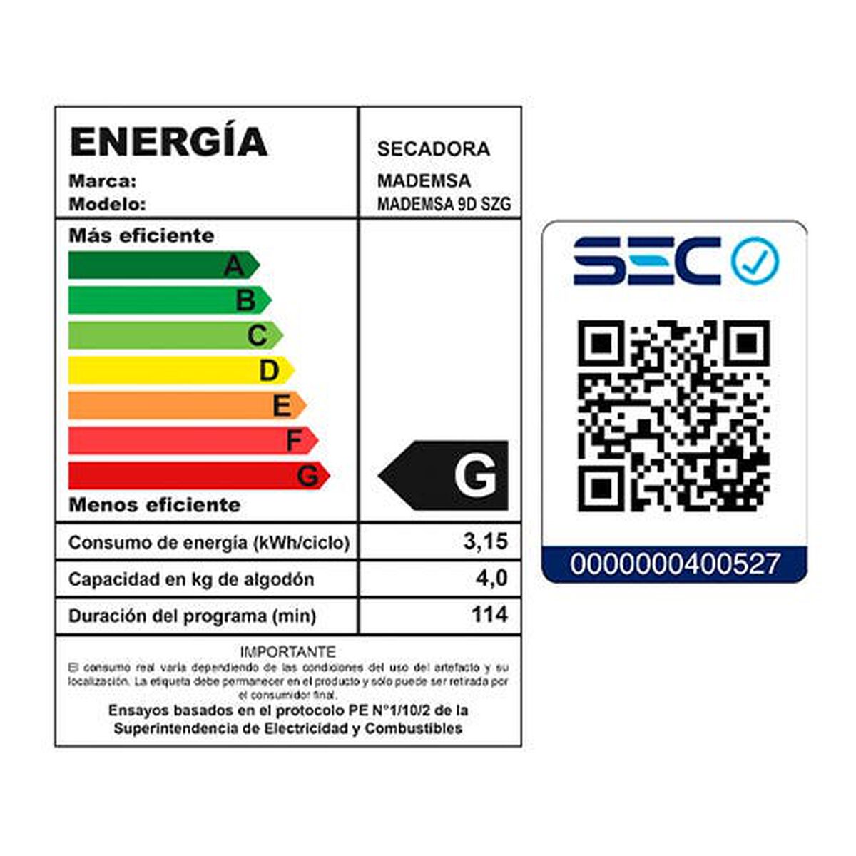 Secadora de Ropa Mademsa 9D SZG 9 kg.