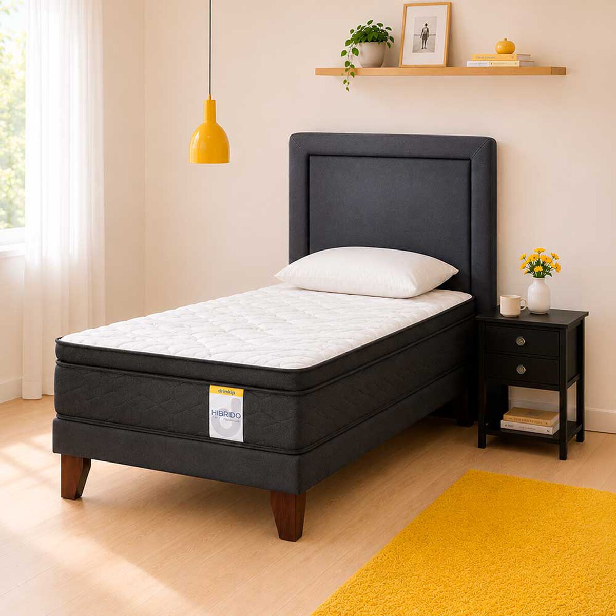 Cama Europea Drimkip 1,5 Plazas Hibrido Premium + Respaldo + Velador