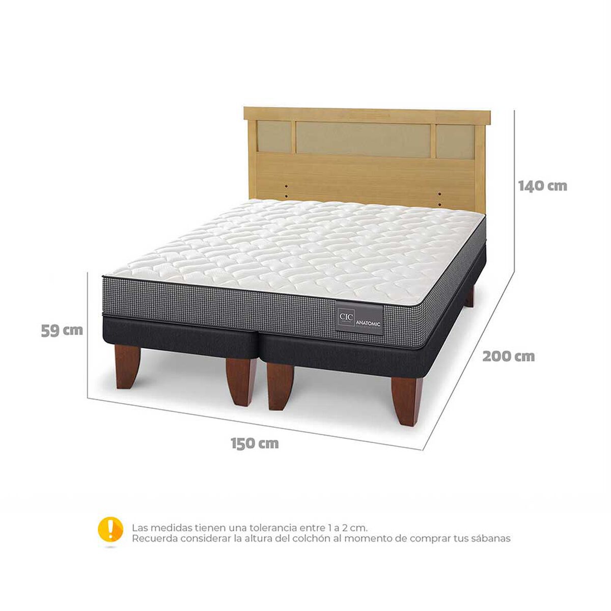 Cama Europea CIC Base Dividida 2 Plazas Anatomic + Respaldo Dublin Mostaza