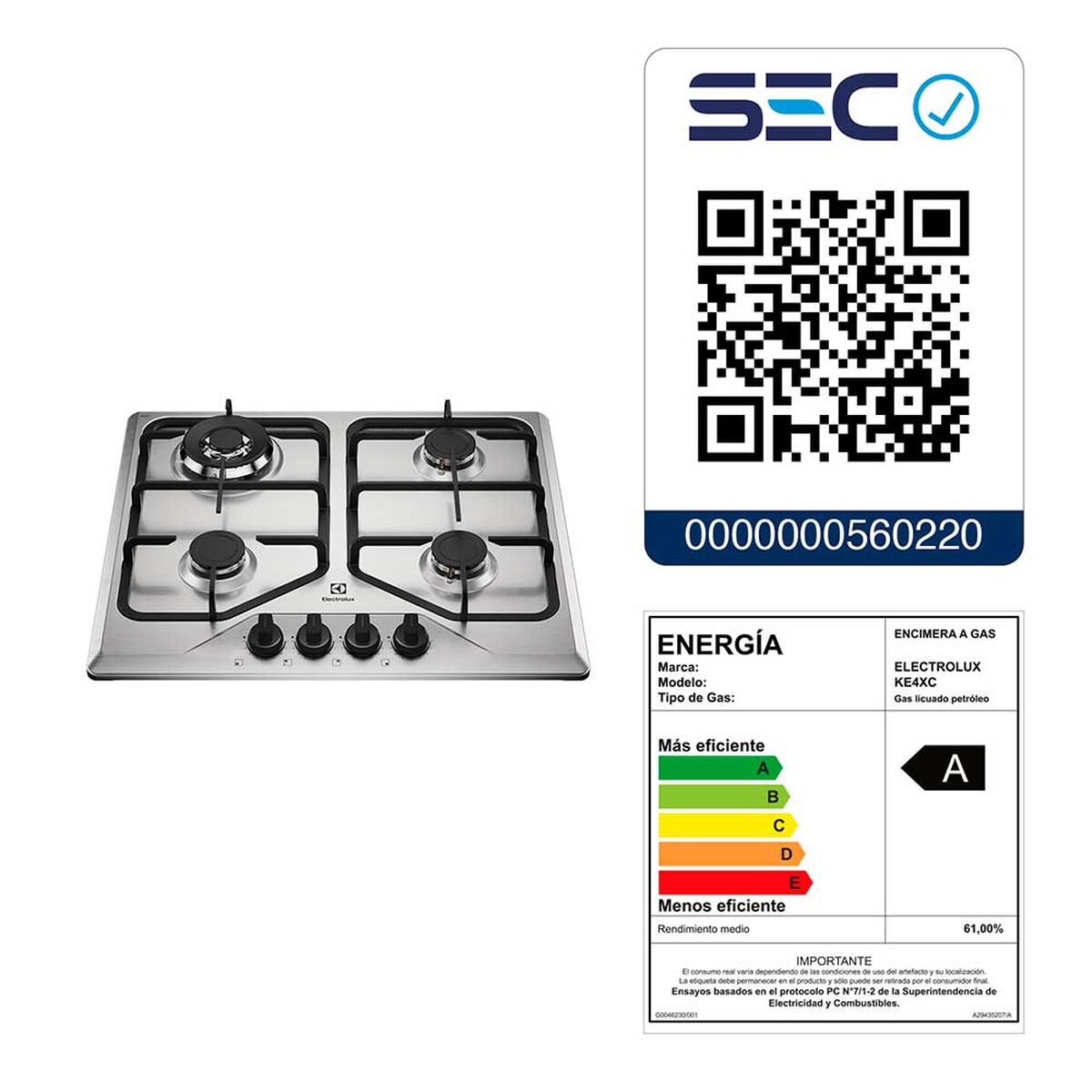 Encimera a Gas Electrolux 4 Quemadores KE4XC