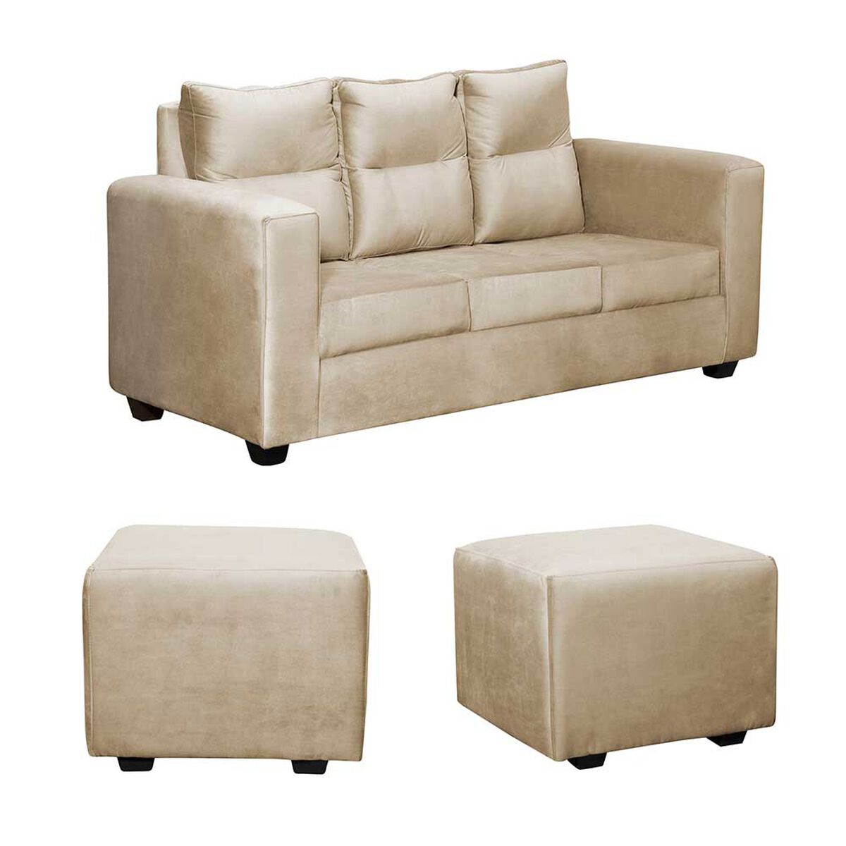 Juego de Living Diseño A&M Home Loreto Sofá 3 Cuerpos + 2 Pouf 1 Cuerpo  Beige Felpa