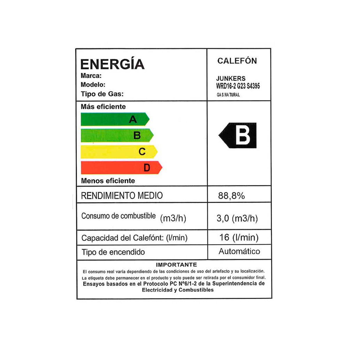 Calefont Tiro Natural Junkers Hydropower Gas Natural 16 L