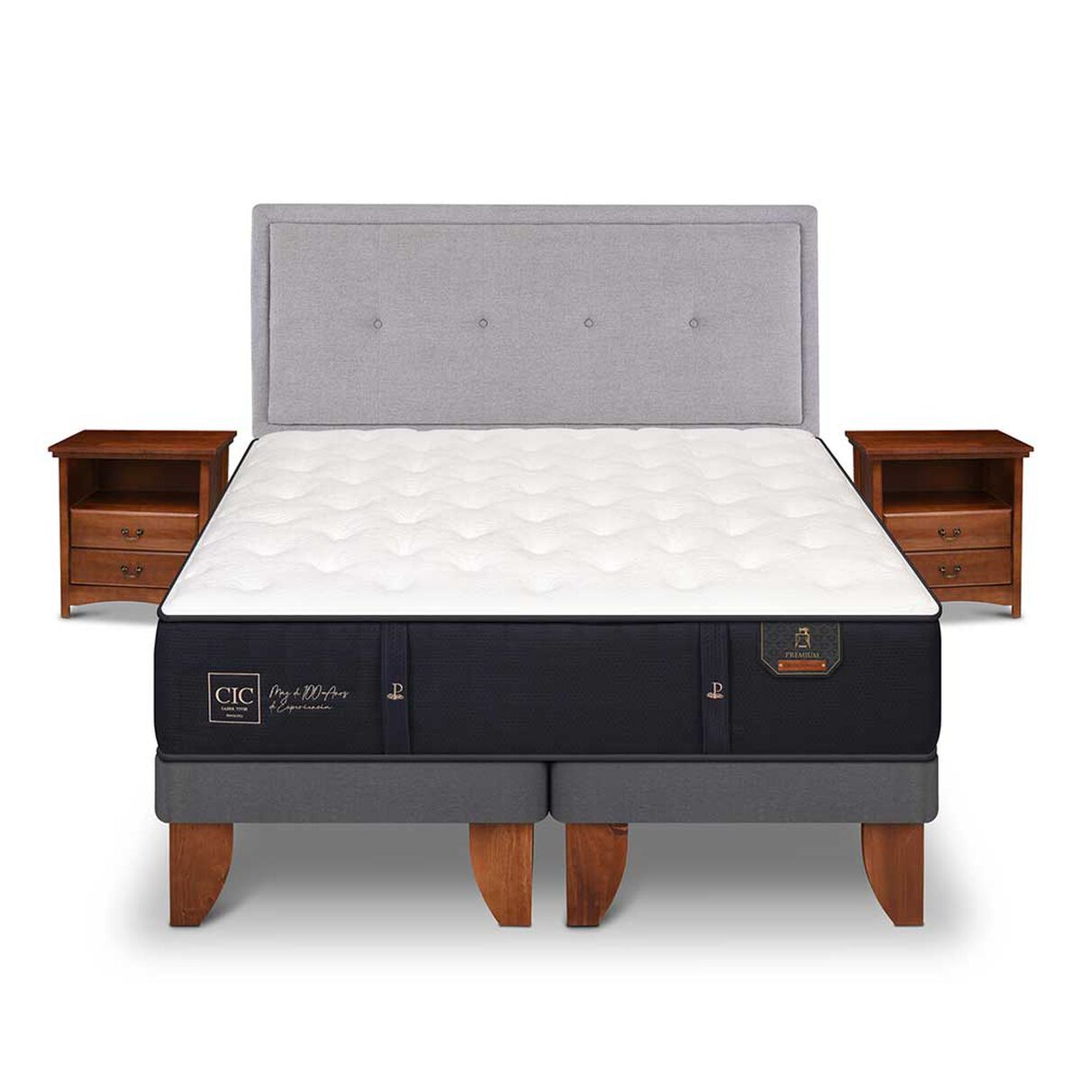 Cama Europea CIC Base Dividida 2 Plazas Premium + Respaldo + 2 Veladores Ganges