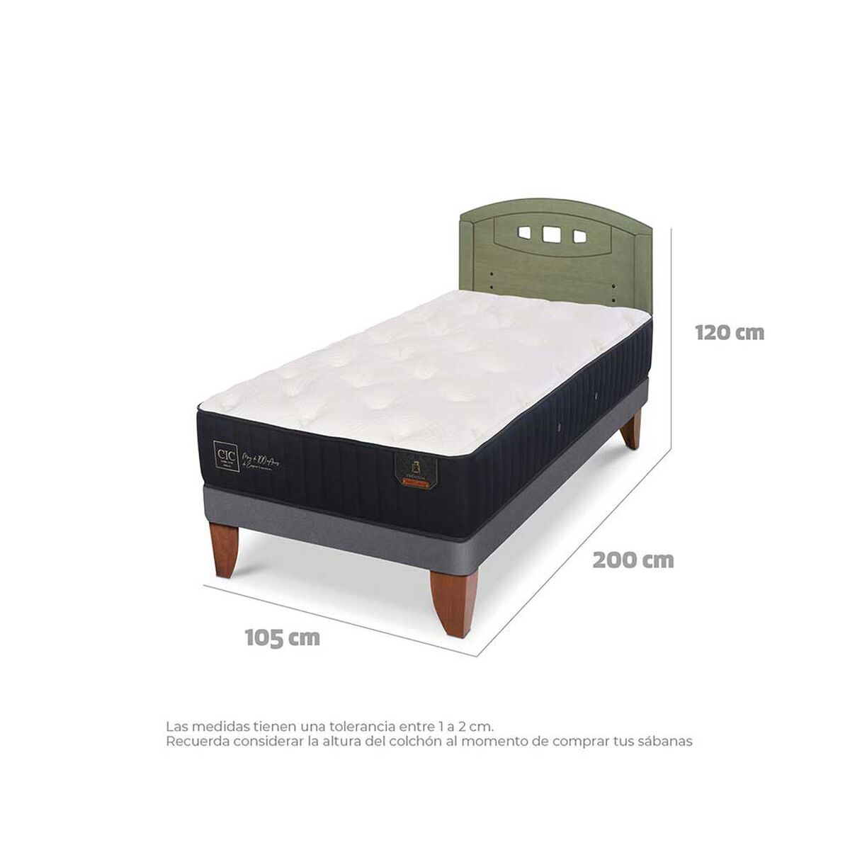 Cama Europea CIC 1,5 Plazas Premium + Respaldo Gales Olivo