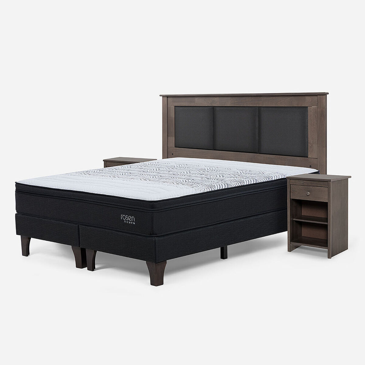 Cama Europea Rosen 2 Plazas Tempo + Respaldo + Velador Rachel Gris
