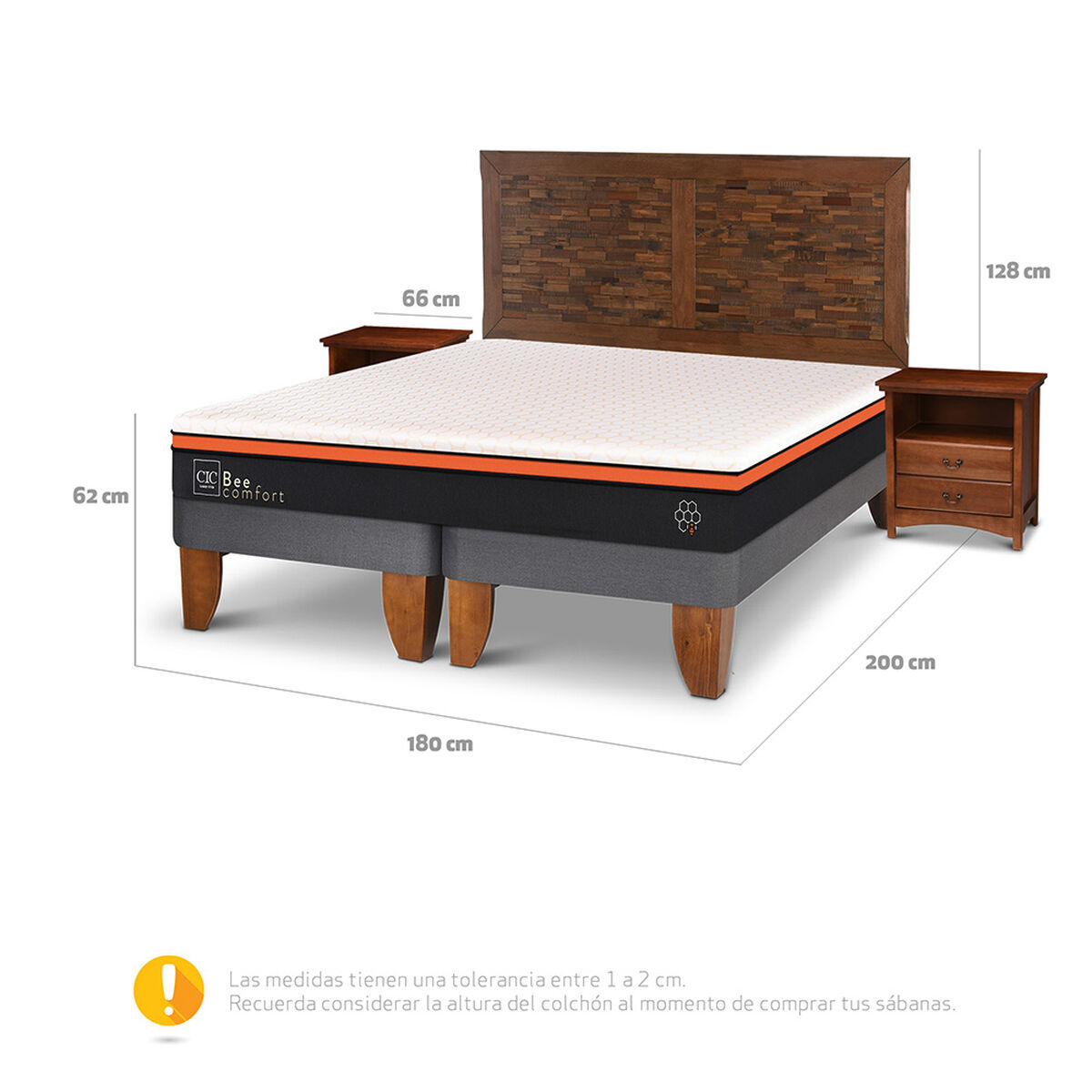 Cama Europea CIC Base Dividida King Bee Comfort + Respaldo + 2 Veladores