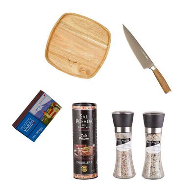 Imagen 1 del producto Set Parrillero Wayu Cuchillo Chef + Plato de Madera + Mix de Sales + Caja Fósforos