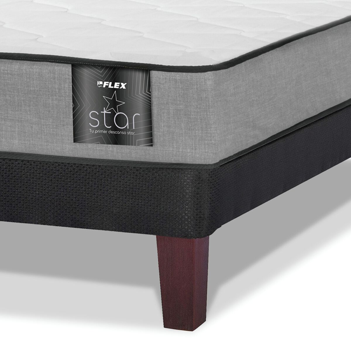 Cama Europea Flex 1,5 Plazas Star + Respaldo Royal Negro + Velador Rock