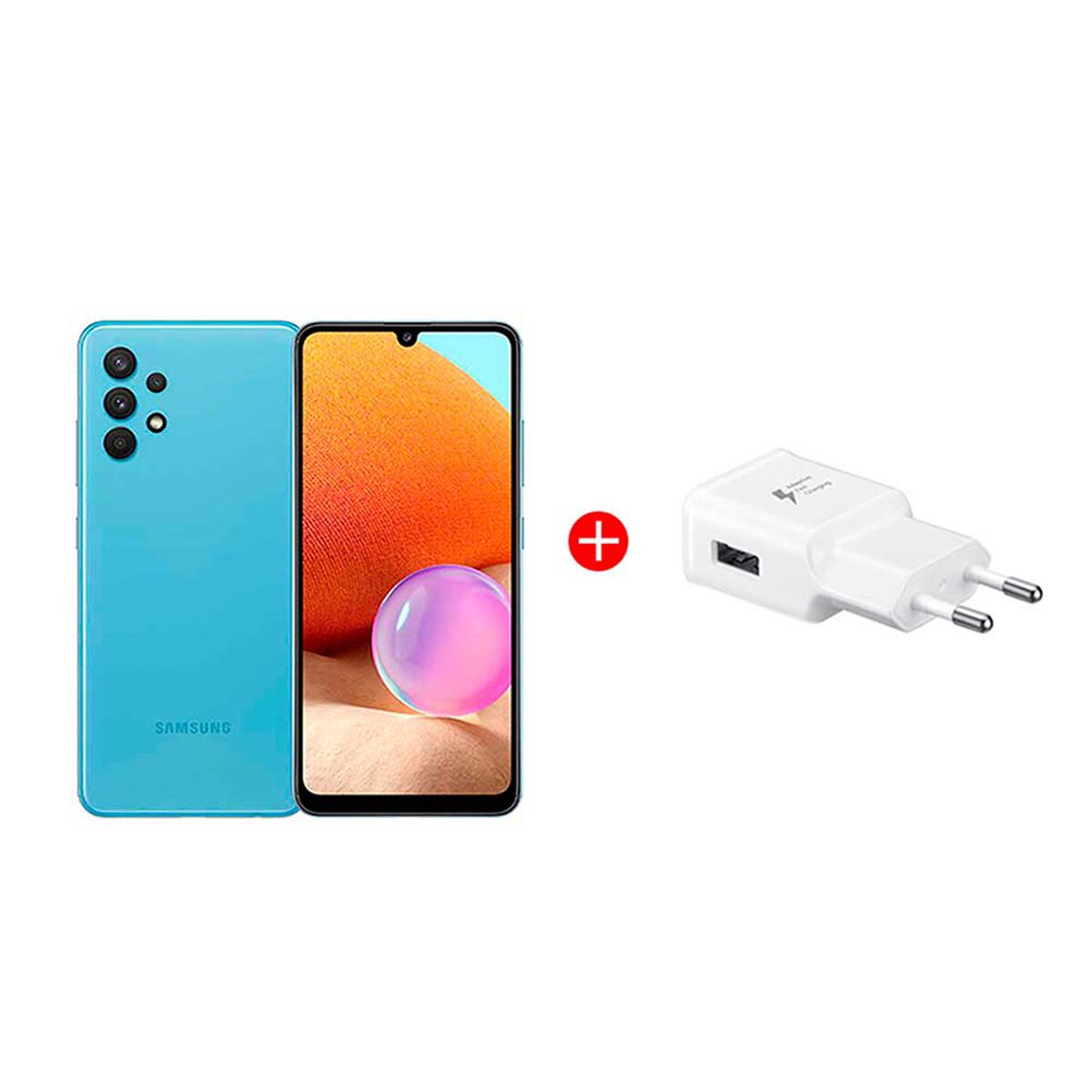 Combo Celular Samsung Galaxy A32 LTE 128GB 6,4" Awesome Blue Liberado + Cargador 15W USB Flat TA Fast Charge