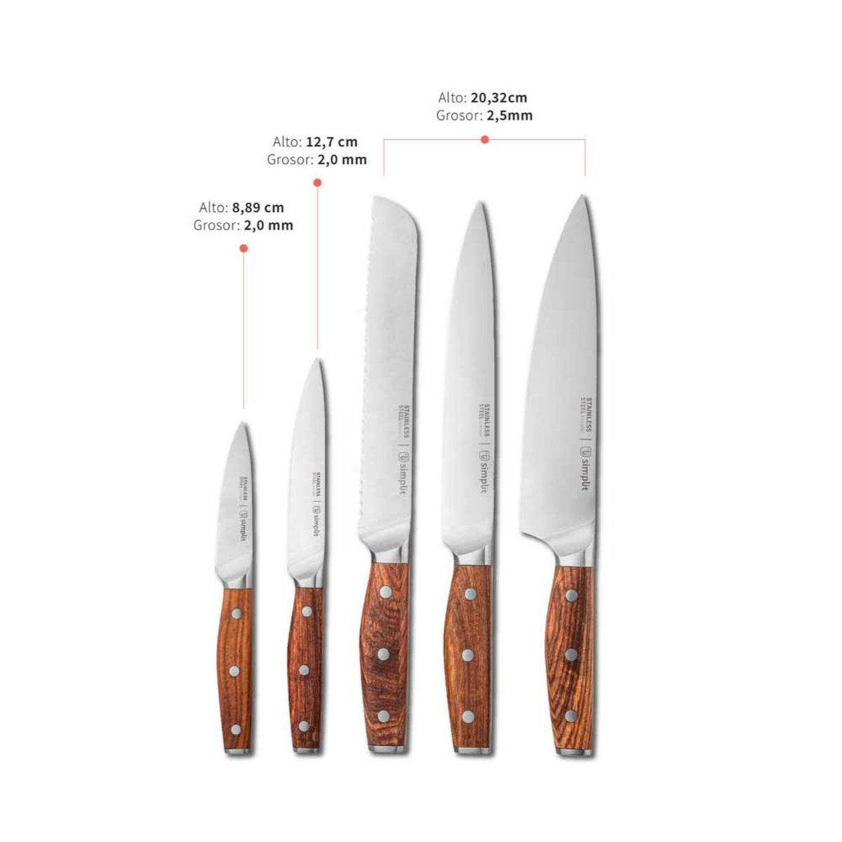 Set 5 Cuchillos Simplit Holz Acero Inoxidable + Taco Café