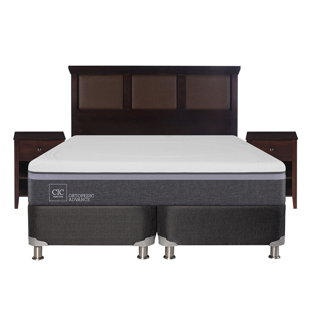 Box Spring CIC Base Dividida 2 Plazas Ortopedic Advance + Respaldo + 2 Veladores New Torino