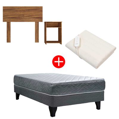 Combo Cama Europea 1,5 Plaza Celta Cádiz 190 x 105 cm + Respaldo 1,5 Plazas + Velador Casanova Nogal + Calientacamas Kioto CY1 1 Plaza