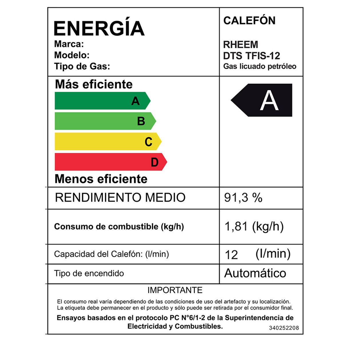 Calefont Gas Licuado Rheem Tiro Forzado Digital 12 lts.