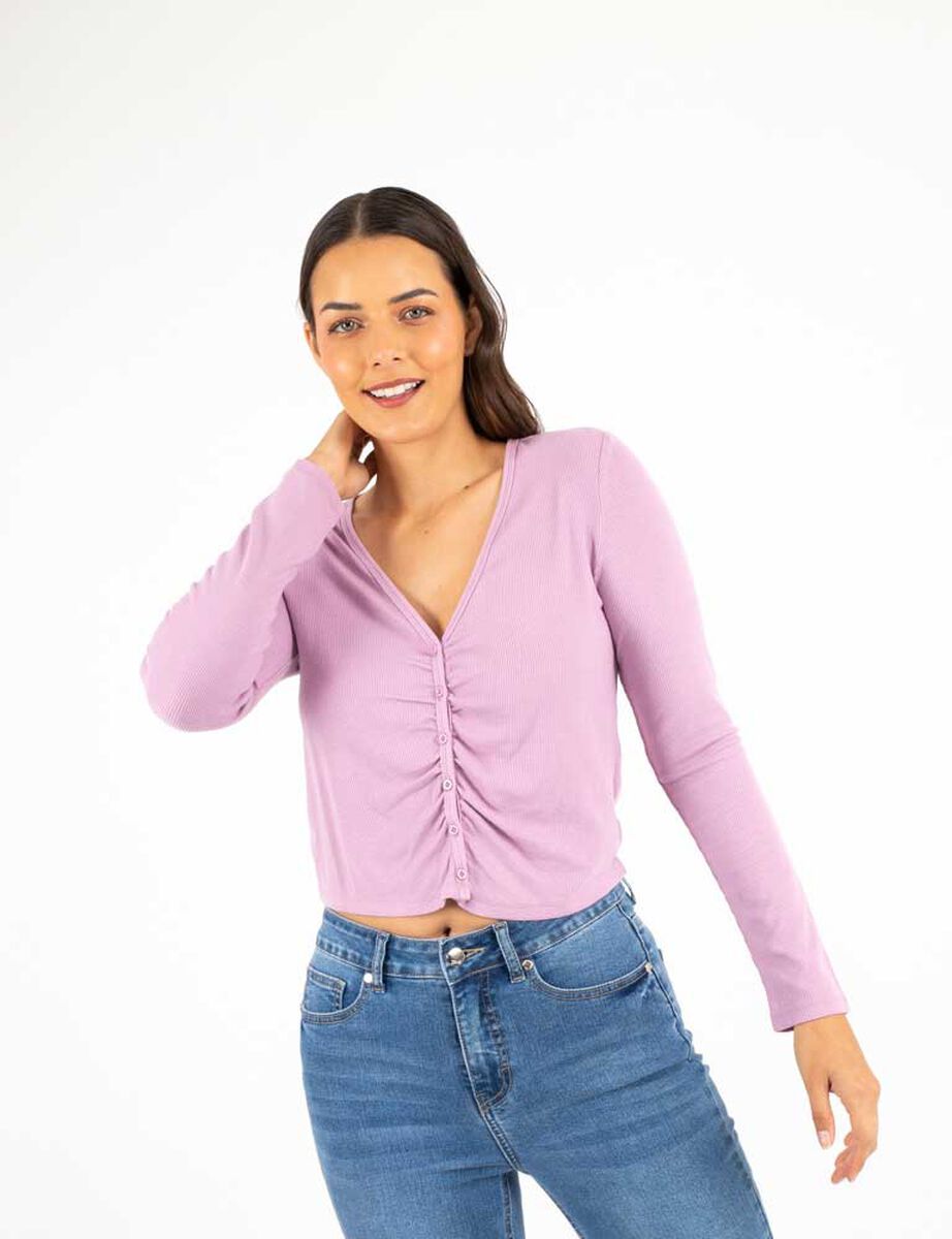 Polera Manga Larga Cuello V Botones Mujer Zibel