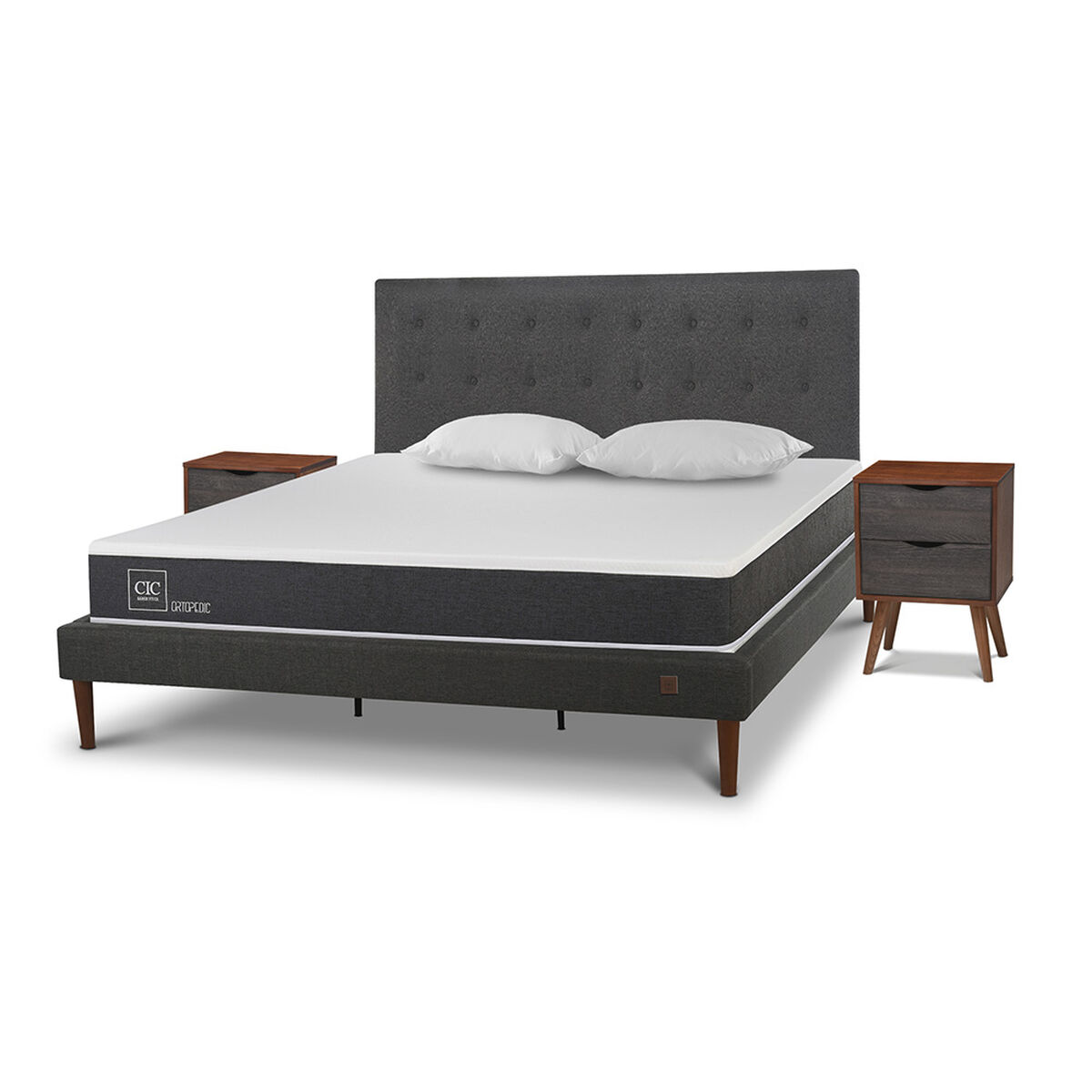 Cama Europea CIC King New Ortopedic + Respaldo Eufrates + 2 Veladores + Almohadas