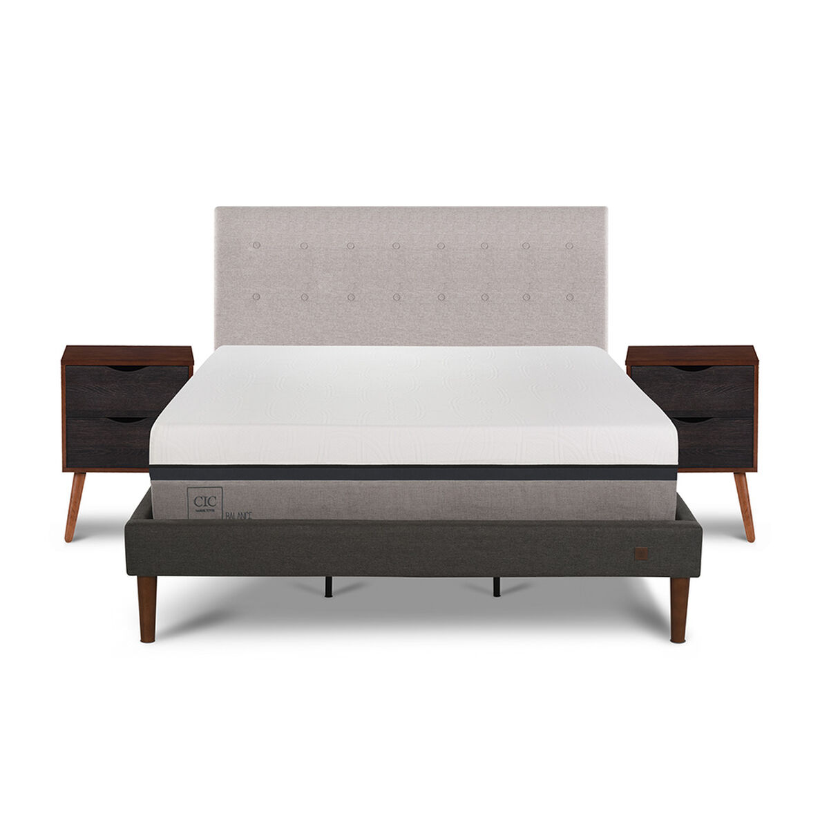 Cama Europea CIC Curve King Balance + Respaldo Tigris+ 2 Veladores Niger