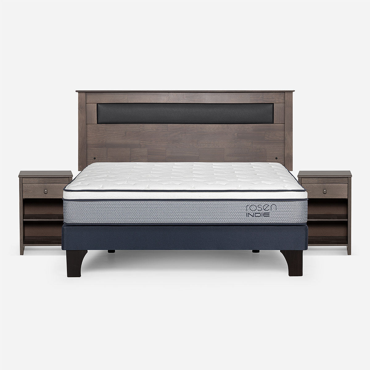 Combo Cama Europea Rosen 2 Plazas Indie BN + Respaldo y Veladores Ferrara