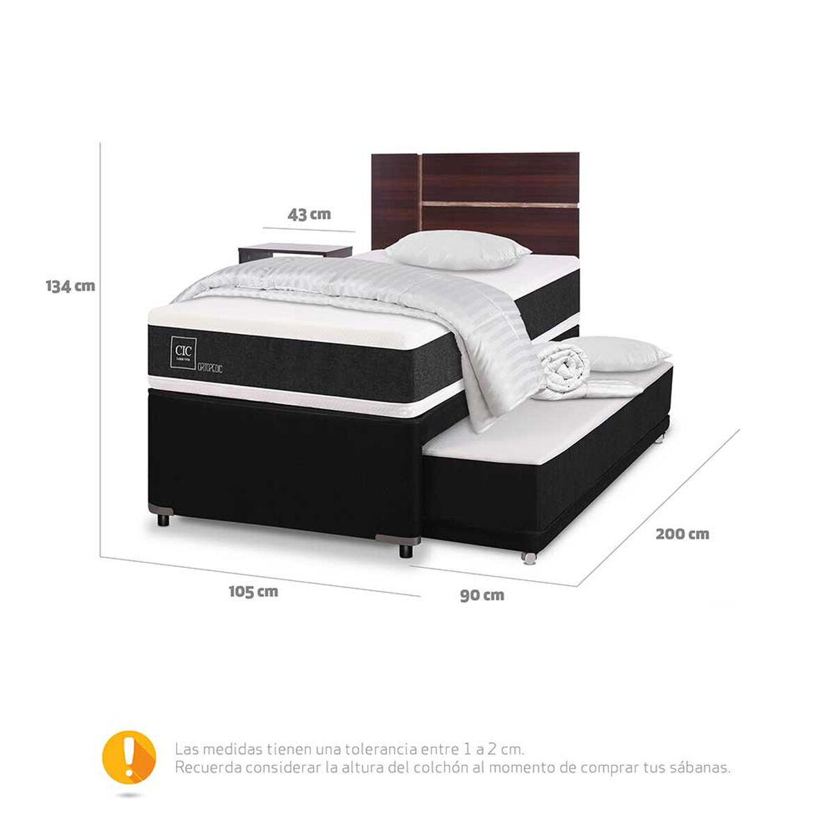 Cama Nido CIC 1,5 Plazas Arriba y 1 Plaza Abajo Ortopedic + Respaldo + Velador Enio + Plumón + Almohada 