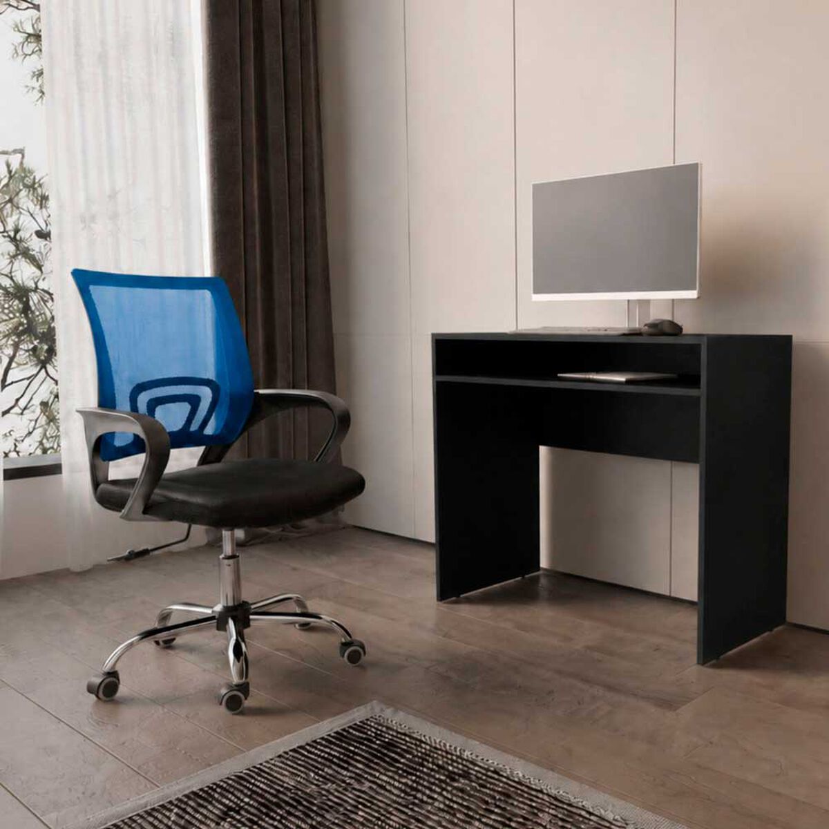 Combo Oficina Escritorio Wengue + Silla New York Negra y Azul Arthome