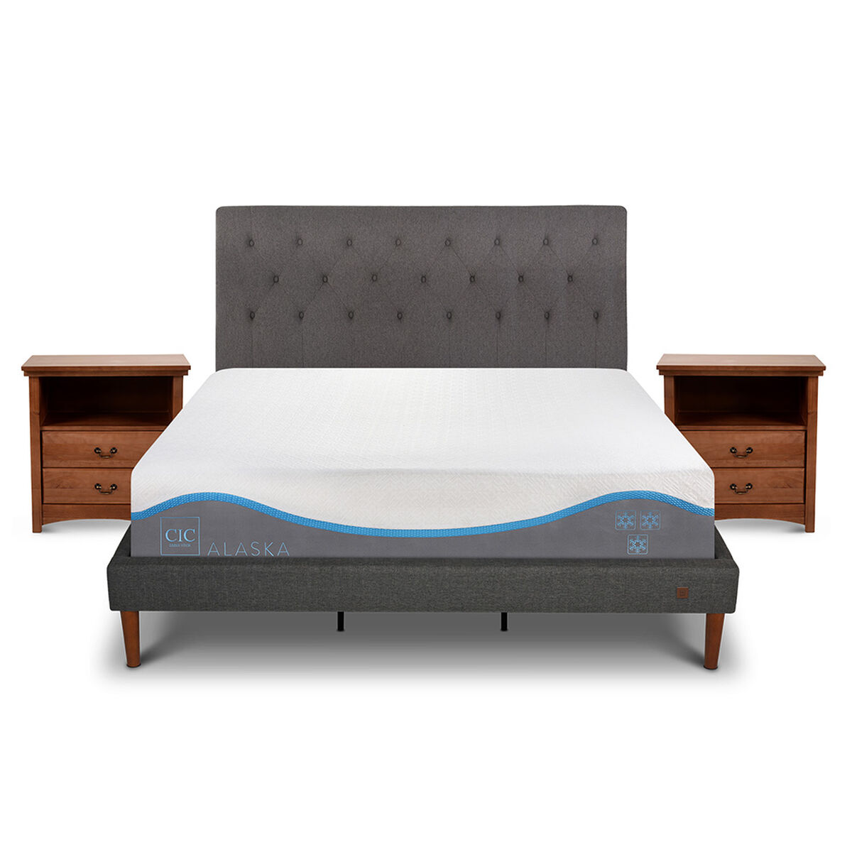 Cama Europea CIC King Alaska + Respaldo + 2 Veladores