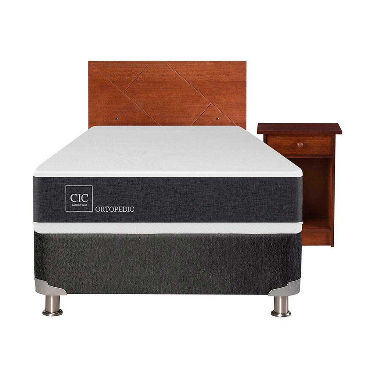 Box Spring CIC 1,5 Plazas New Ortopedic + Respaldo + Velador New Villarrica