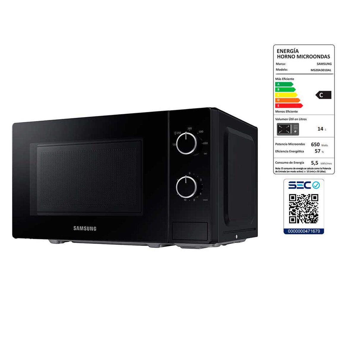 Microondas Samsung MS20A3010AL/ZS 20 lts.