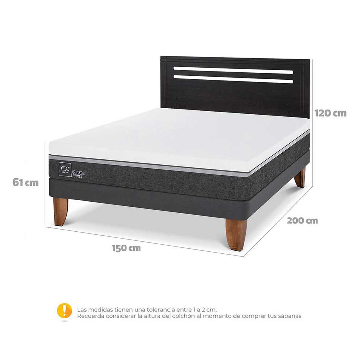 Cama Europea CIC 2 Plazas Ortopedic Advance + Respaldo Munich Negro