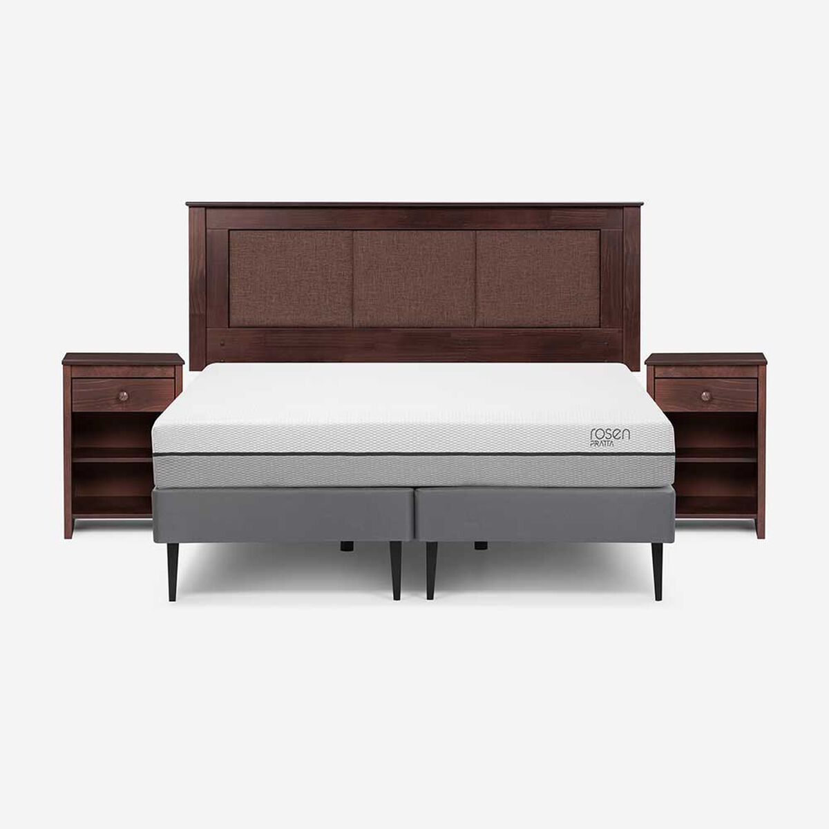 Cama Europea Rosen Base Dividida 2 Plazas Pratta + Respaldo + 2 Veladores