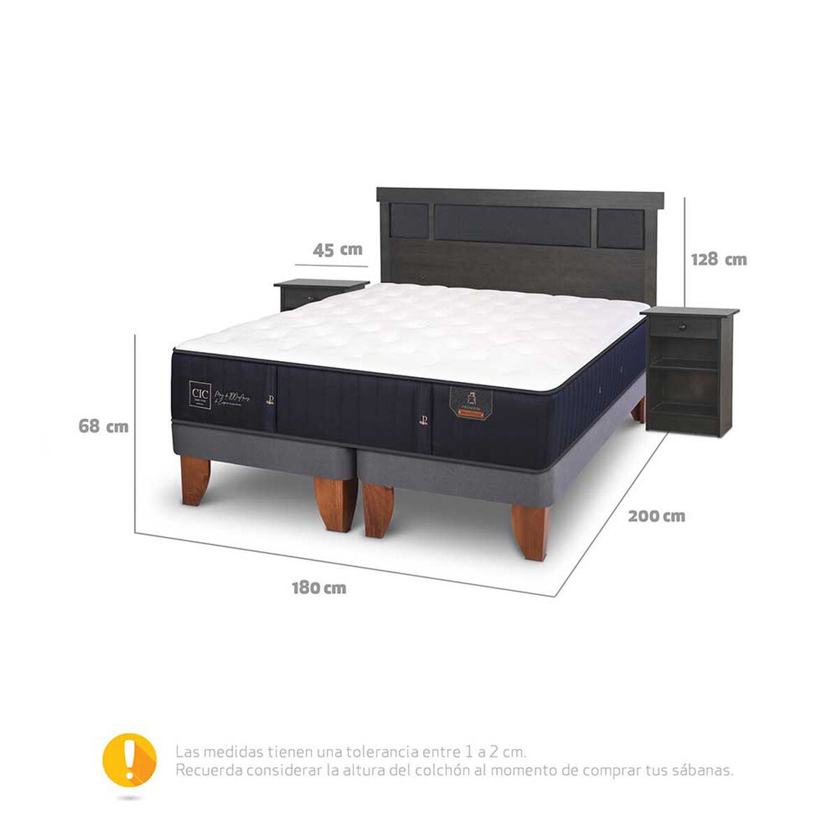 Cama Europea CIC Base Normal King Premium + Respaldo + 2 Veladores Dublin