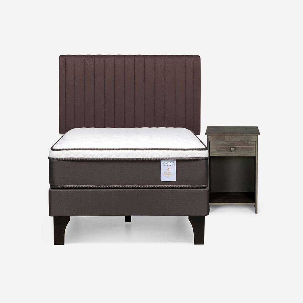 Cama Europea Rosen 1,5 Plazas New Style 4 + Respaldo + Velador Caf&eacute;