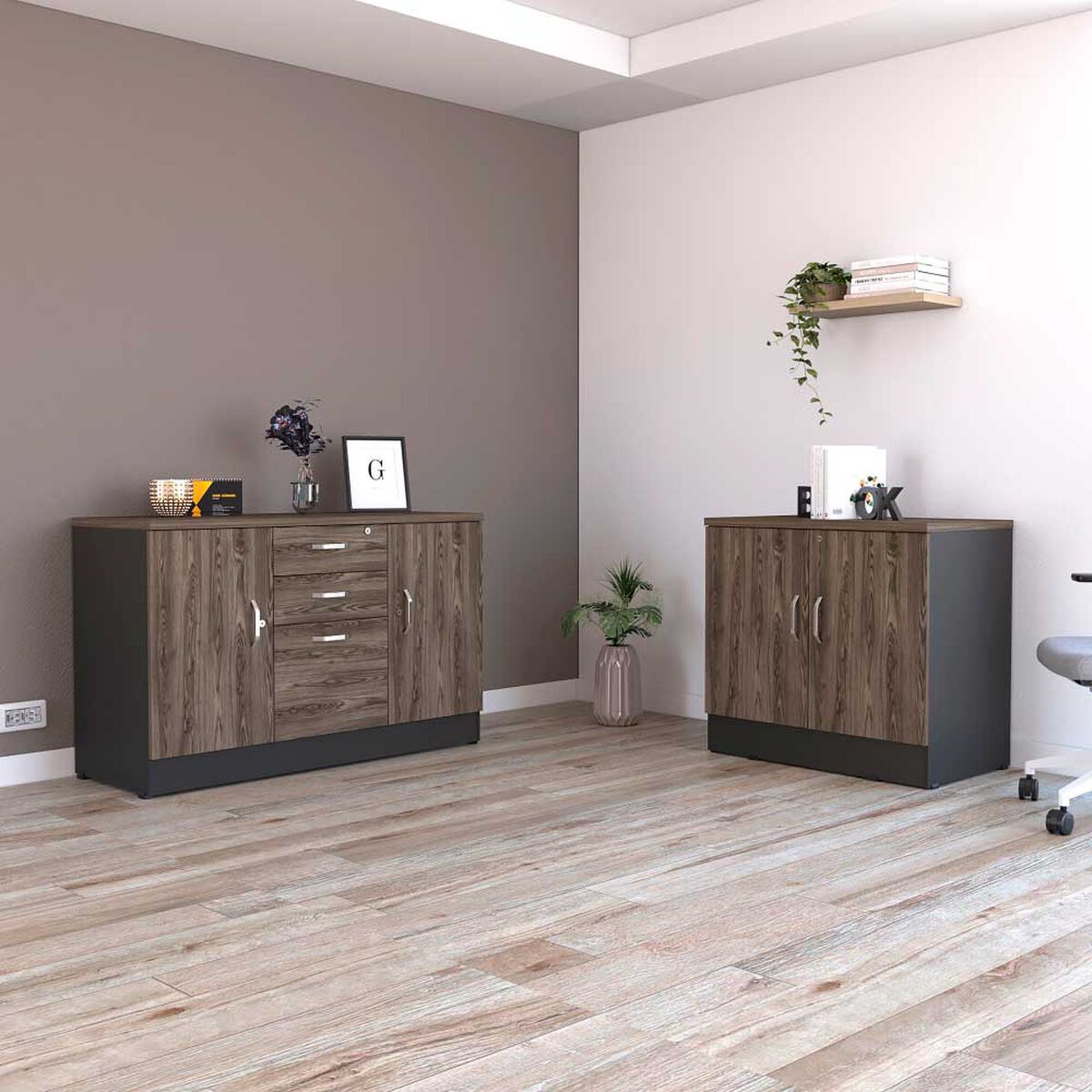 Combo Gabinete 2 Puertas + Cajonera 2 Puertas TuHome Home Office Negro Soft-Coñac
