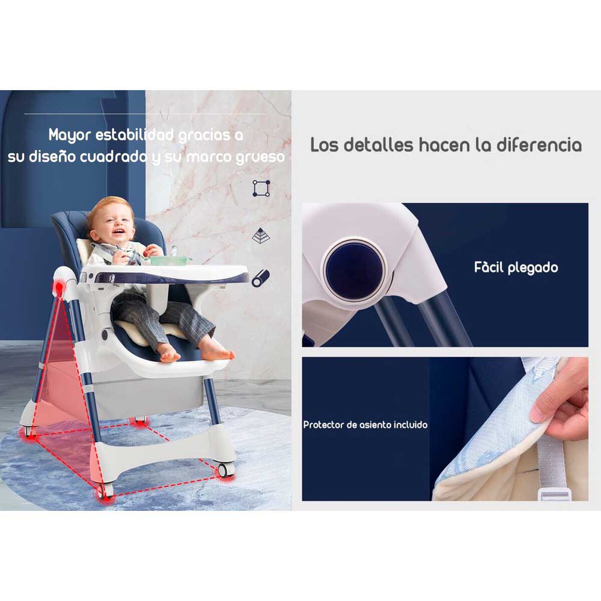 Silla de Comer Multiposiciones con Ruedas Rosada