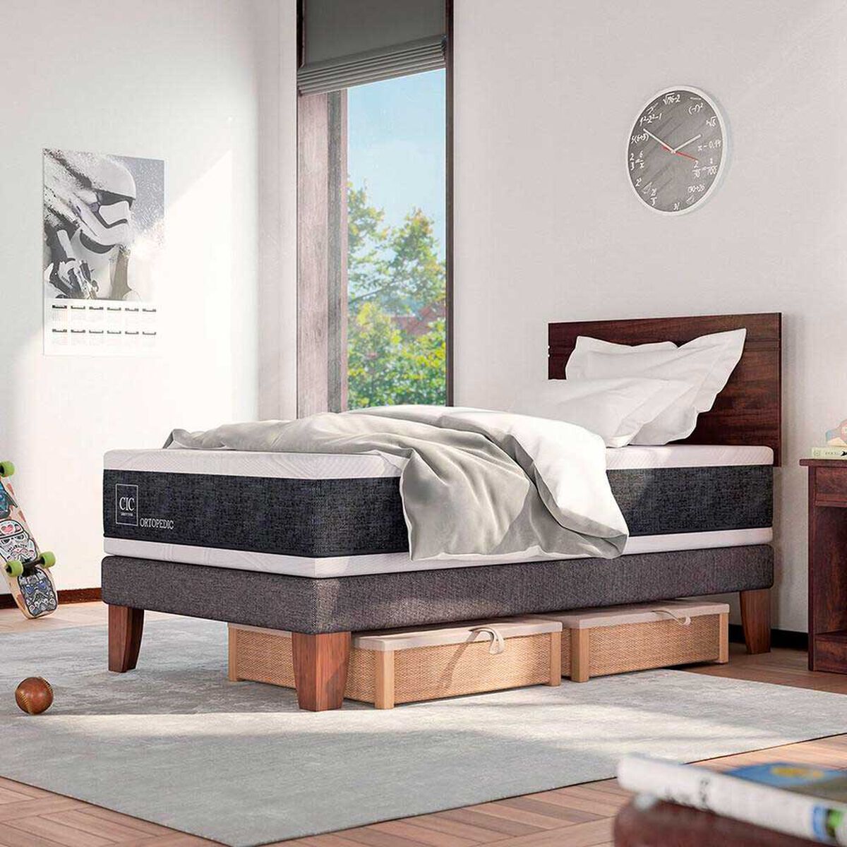Cama Europea CIC 1,5 Plazas New Ortopedic + Respaldo Dublin Chocolate
