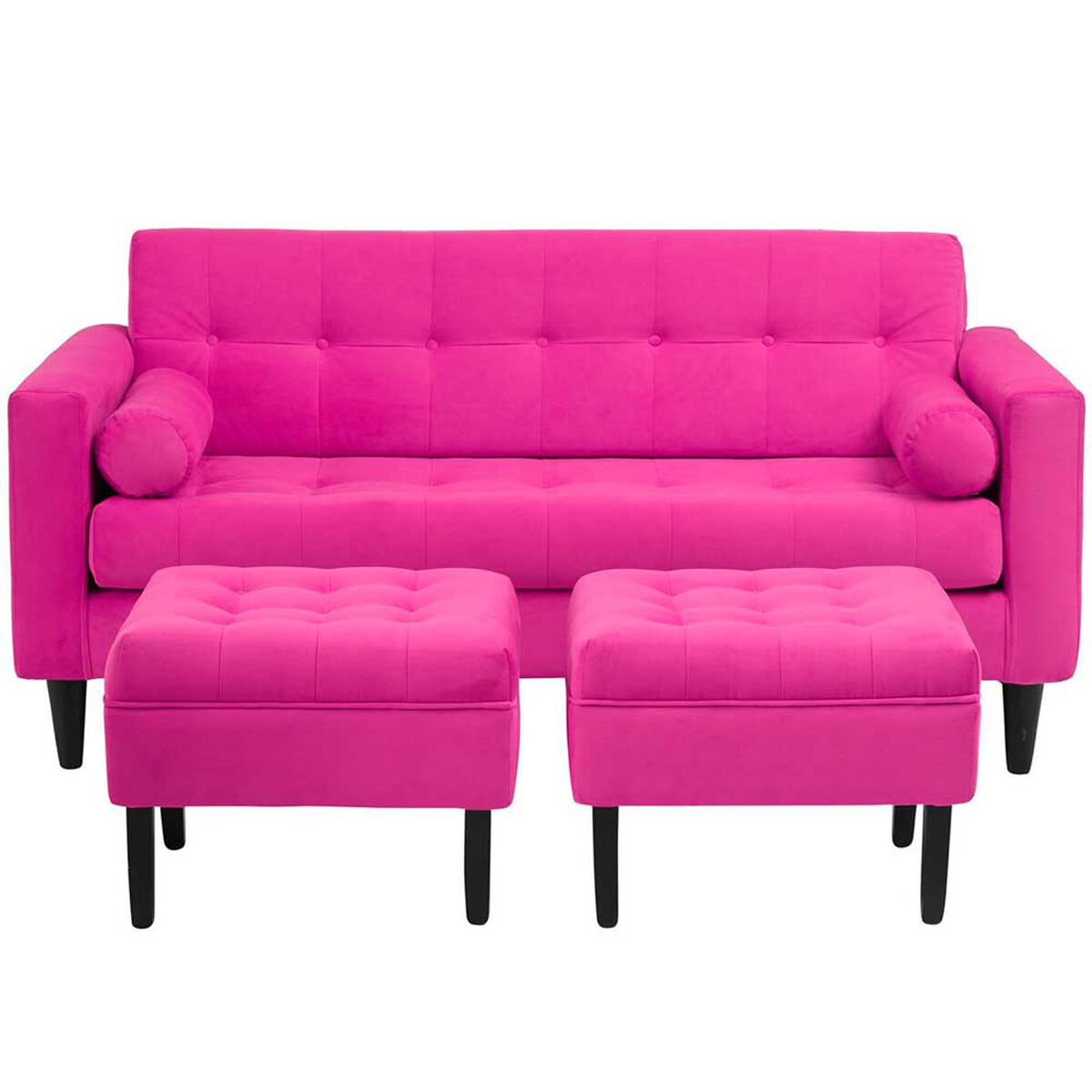 Juego de Living Bodevir Retro  Sofá 3 Cuerpos + Dos Pouf 1 Cuerpo Fucsia