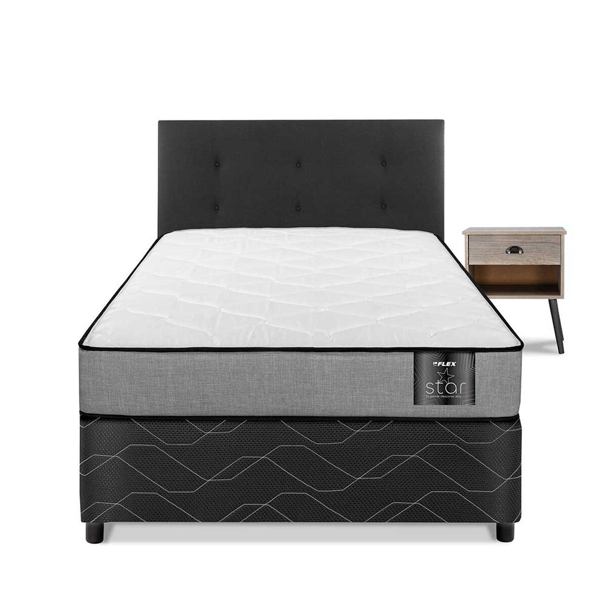 Cama Americana Flex 1 Plaza Star + Respaldo Royal Negro + Velador Rock