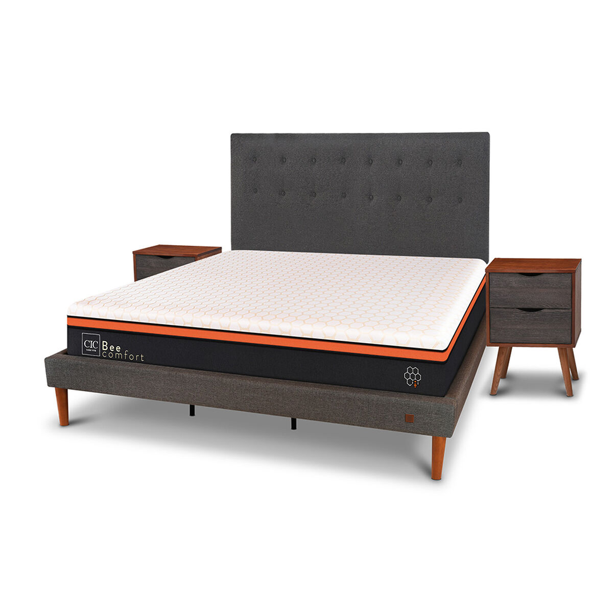 Cama Europea Curve CIC King Bee Comfort + Respaldo + 2 Veladores