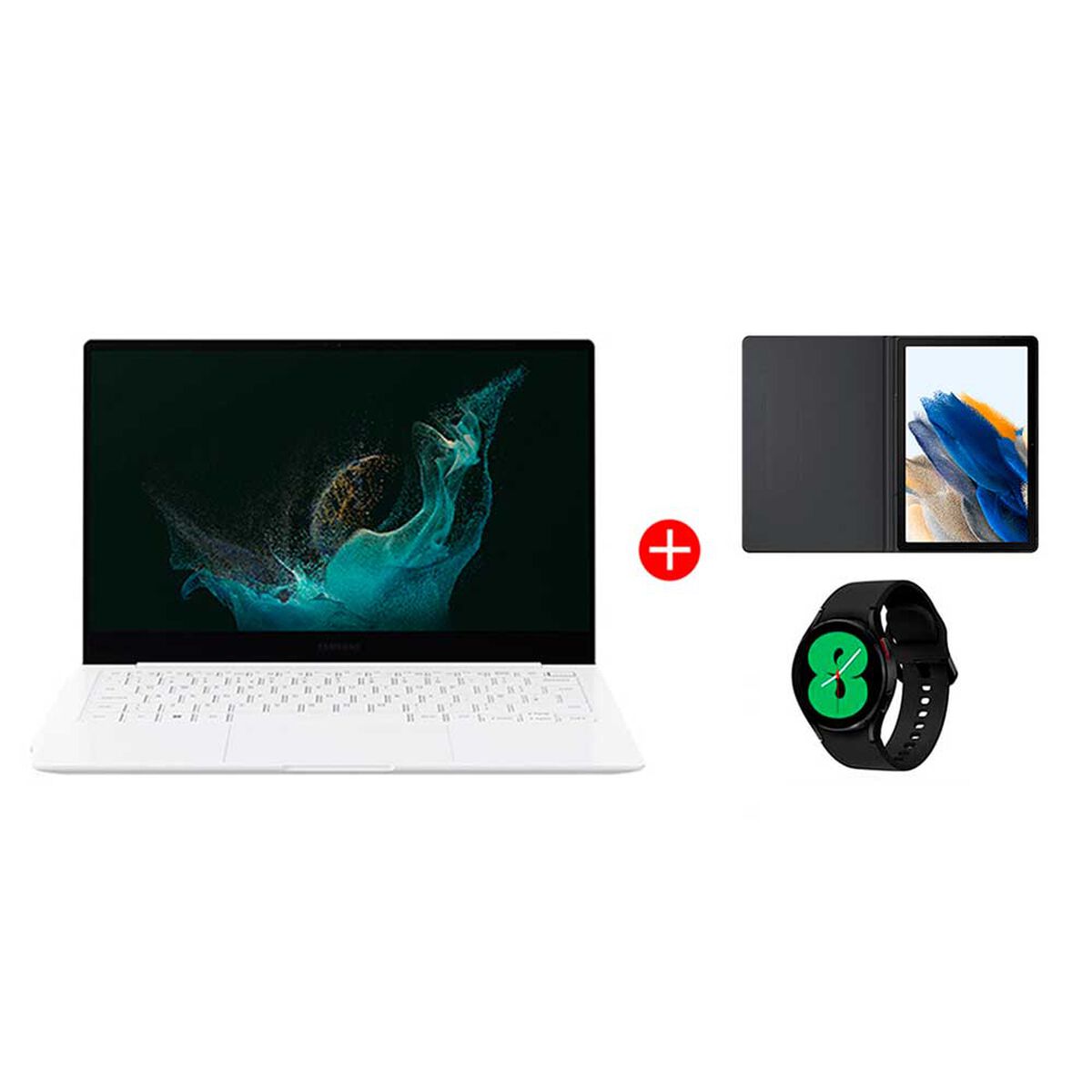 Combo Notebook Samsung Galaxy Book2 Pro Core i5 8GB 512GB SSD 13,3" Plateado + Tablet SM-X200 Galaxy TAB A8 Octa Core 3GB 32GB 10,5" Gris + Cover + Smartwatch Galaxy Watch4 LTE 40mm Black