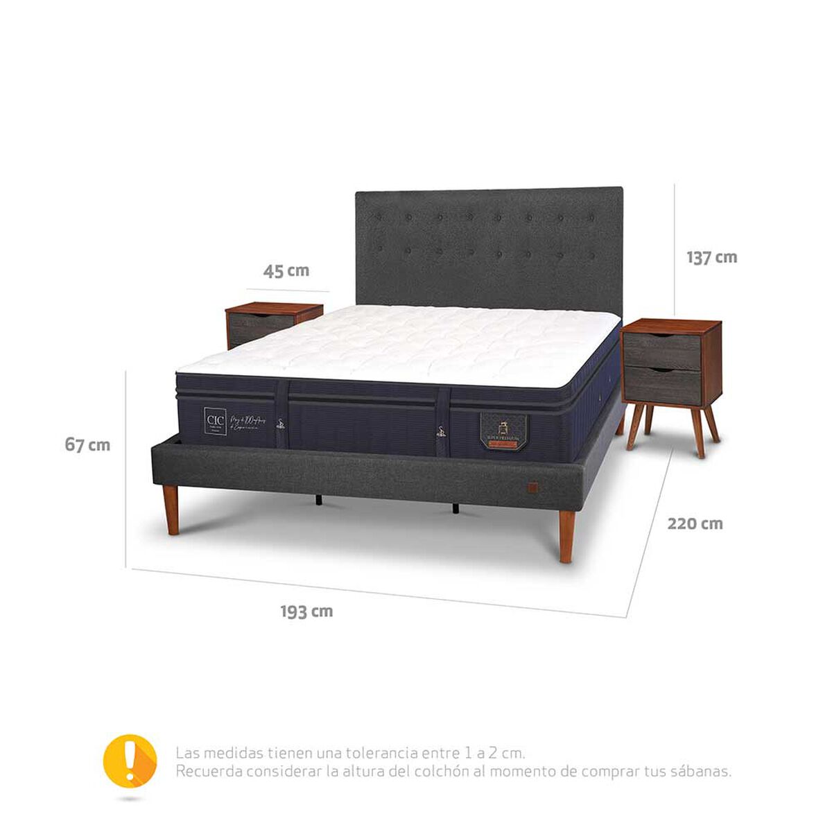 Cama Europea CIC King S&uacute;per Premium + Respaldo + Veladores