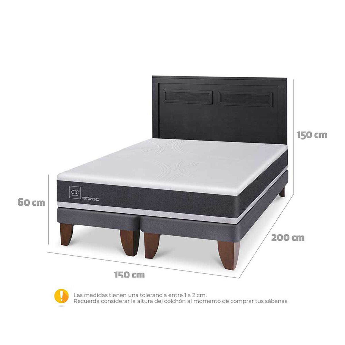 Cama Europea CIC Base Dividida 2 Plazas Ortopedic + Respaldo Milan Negro