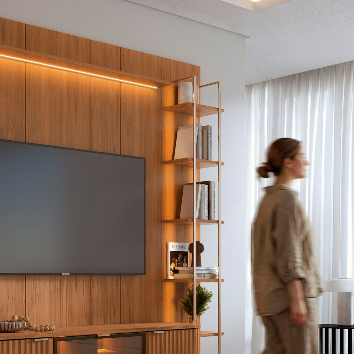 Rack TV 70" + Panel Neon Float Led + Vitrina + Repisas Decocasa Canela