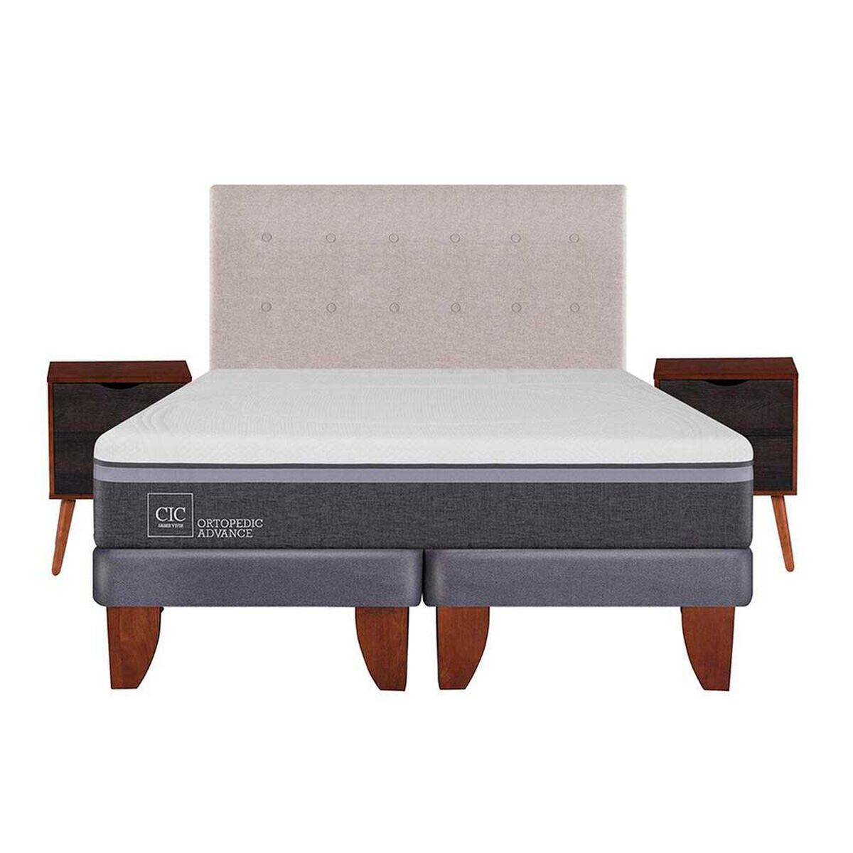 Cama Europea CIC Base Dividida 2 Plazas Ortopedic Advance + Respaldo + 2 Veladores Tigris