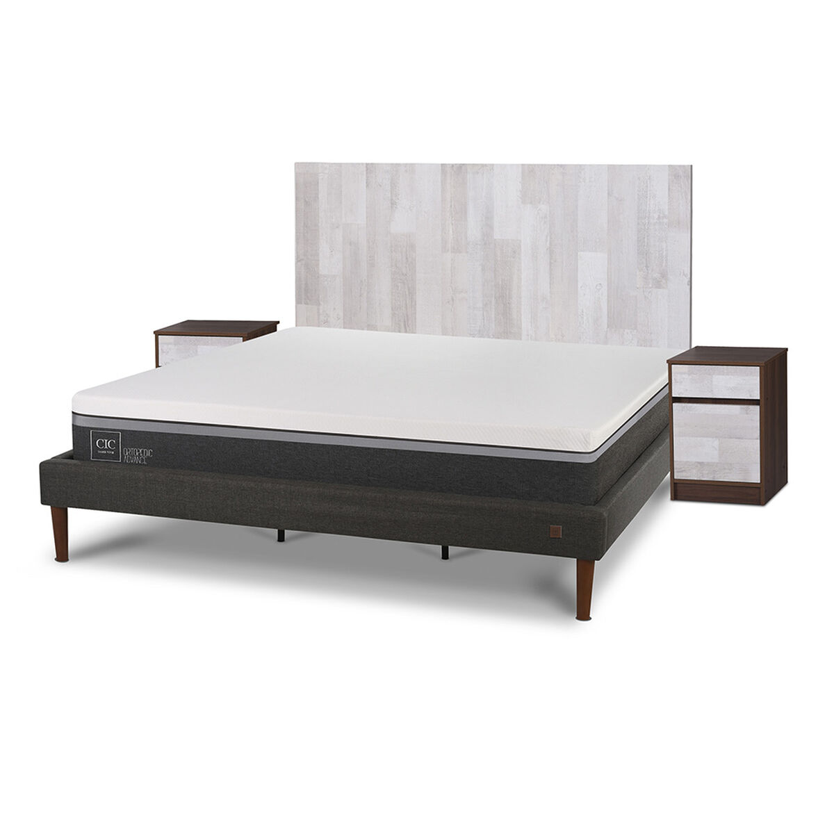 Cama Europea CIC King Ortopedic Advance + Respaldo Legno + 2 Veladores