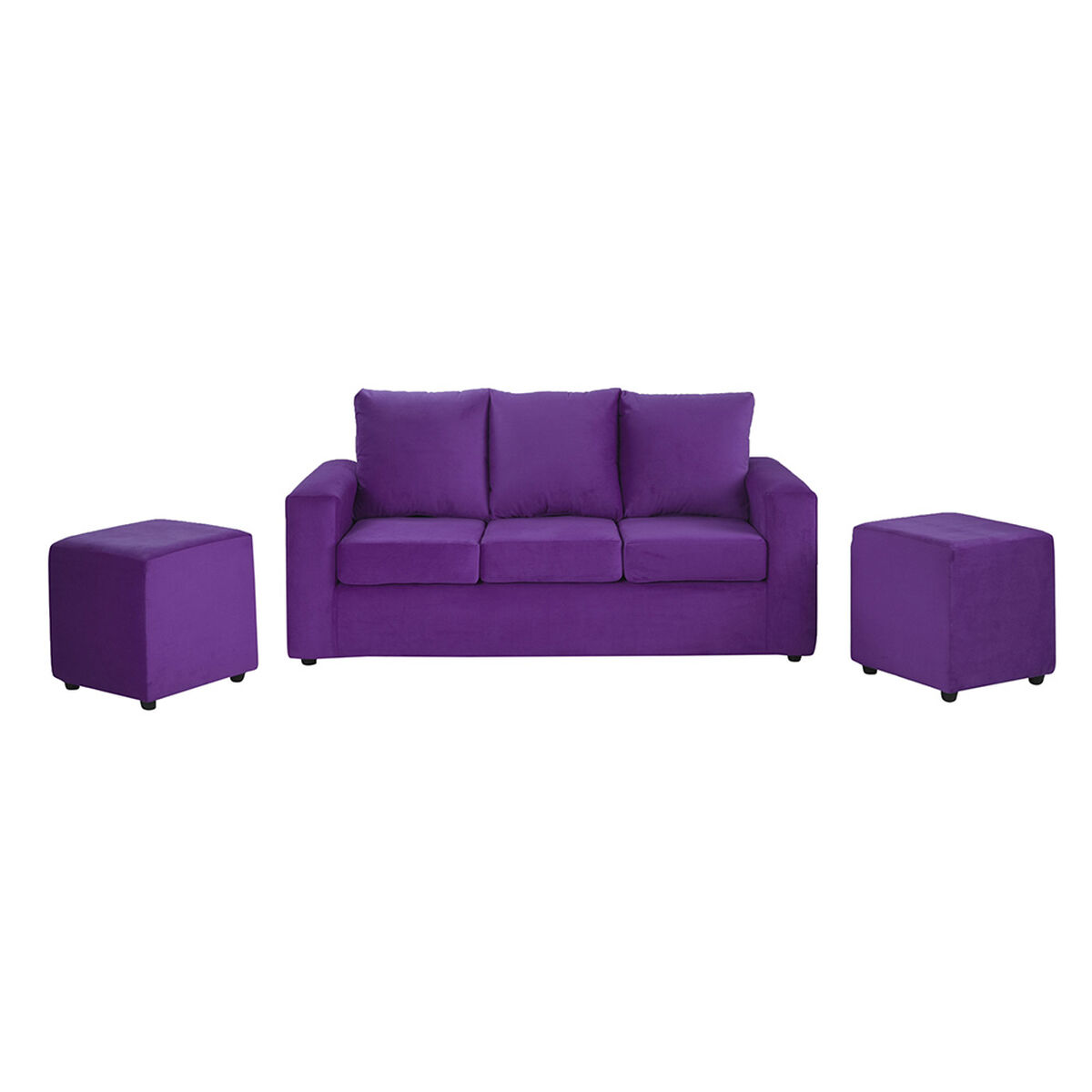 Sofá Bodevir Kendy Felpa 3 Cuerpos + Dos Pouf Cali Morado