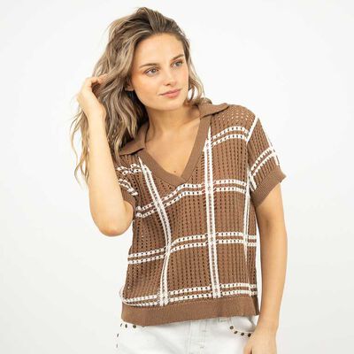 Sweater Crochet Manga Corta Mujer Icono Cafe