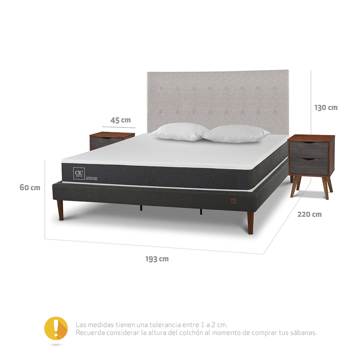 Cama Europea CIC King New Ortopedic + Respaldo Tigris + 2 Veladores + Almohadas