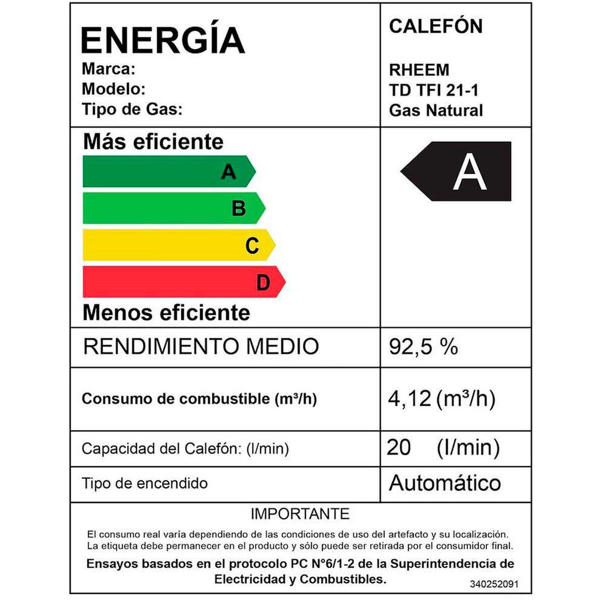 Calefont Gas Natural Rheem Tiro Forzado Digital  21 lts.