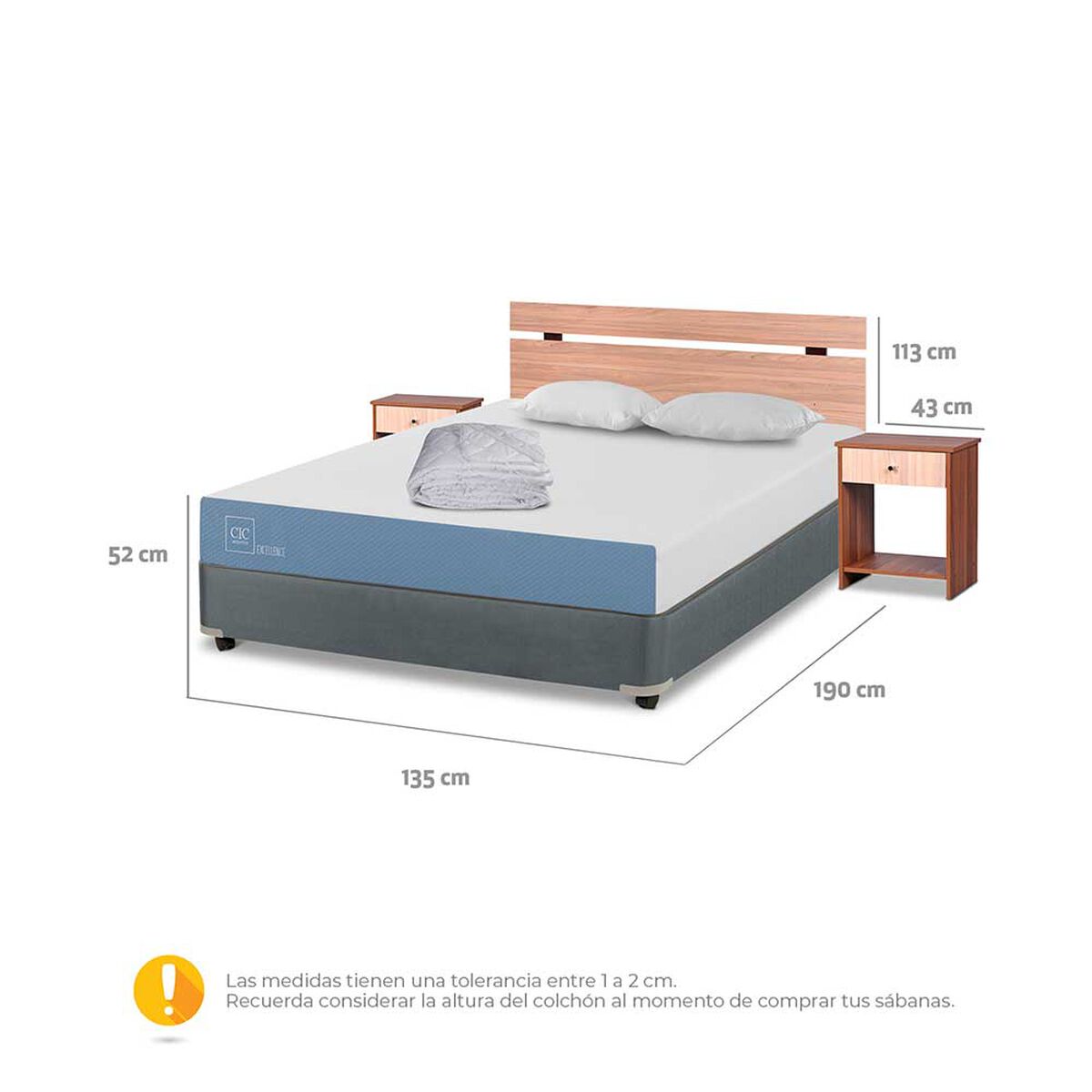 Cama Americana CIC Full Excellence + Respaldo + 2 Veladores + Almohada + Plumón