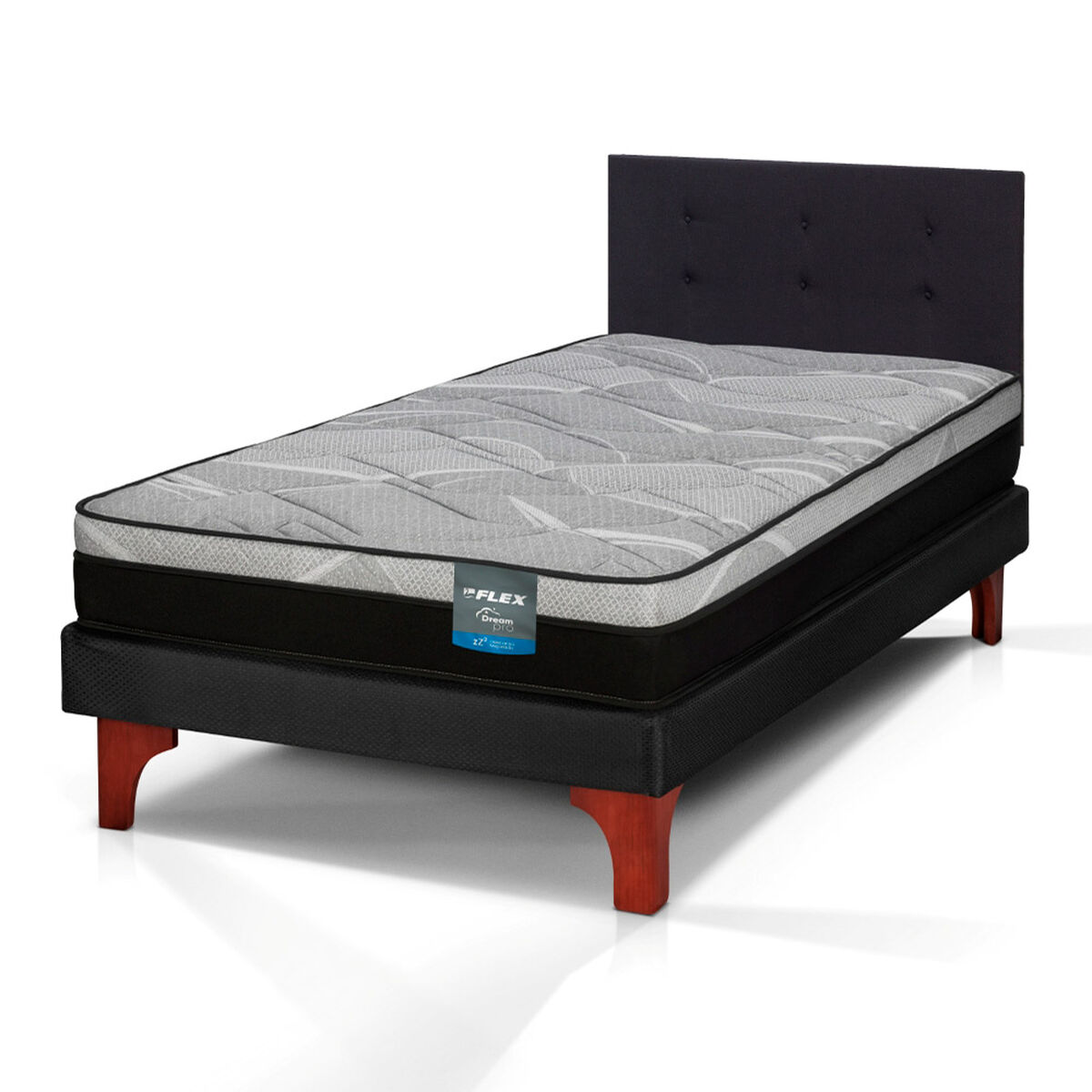 Cama Europea Flex 1,5 Plazas Dream Pro Box + Respaldo Royal Negro