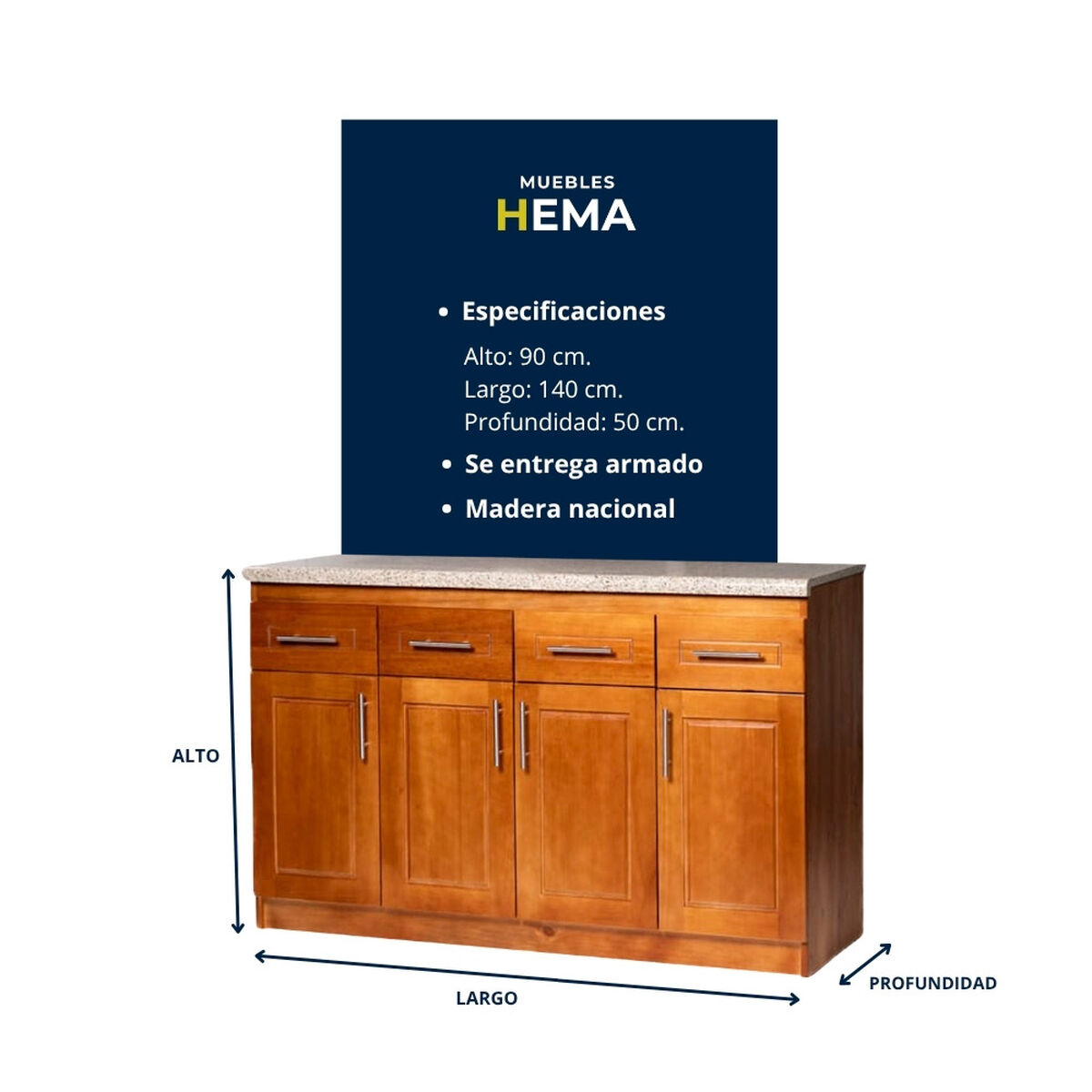 Base de Cocina Muebles Hema Berl&iacute;n 4 Puertas 4 Cajones Nogal